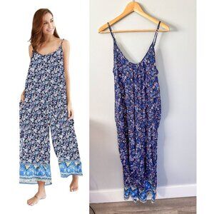 Pink and Blue Jumpsuit with Floral Pattern and Spaghetti Straps